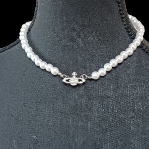 Rhinestone Saturn Faux Pearl Choker Necklace